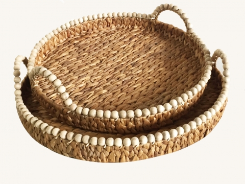 2pc water hyacinth tray with wooden beads